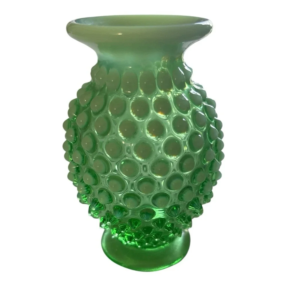 Vintage Fenton Art Glass Green Opalescent Hobnail Glass Uranium Vase #14